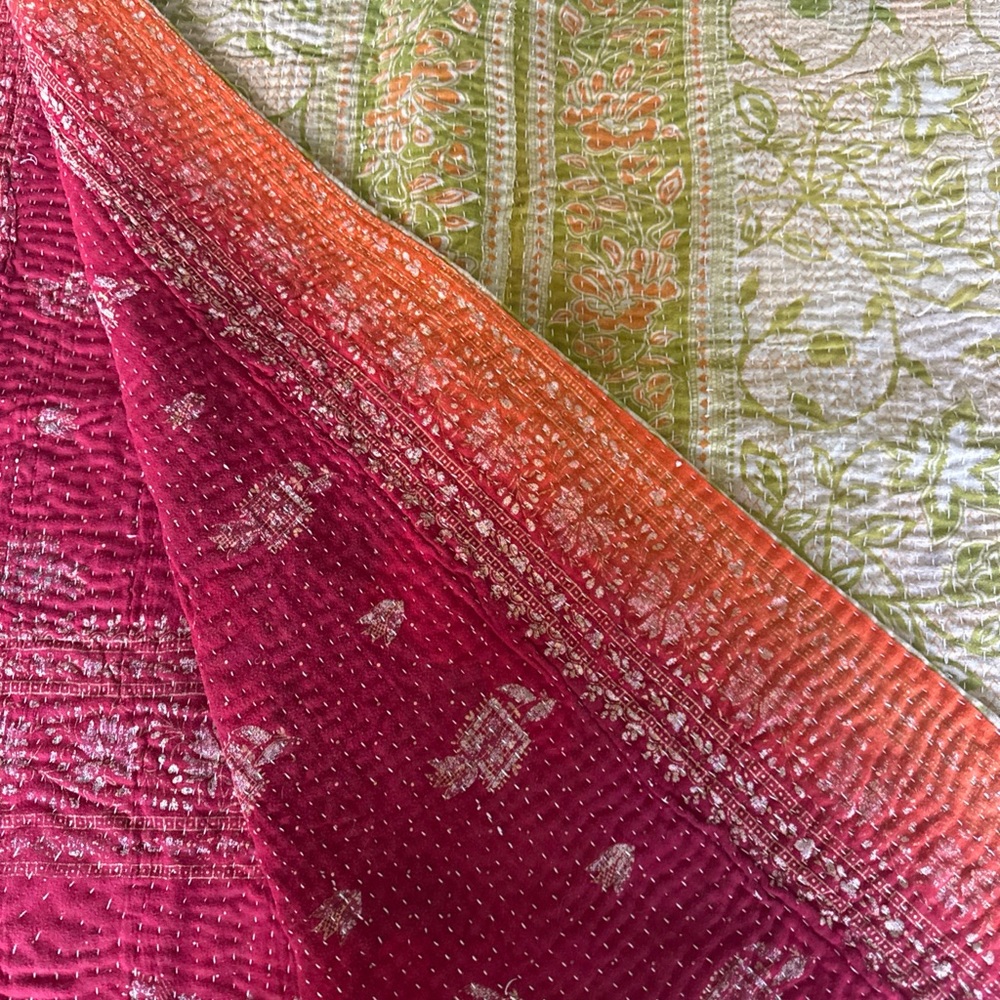 Indian Block Floral Print Kantha Throw,Blanket Cotton 50x80 Throw